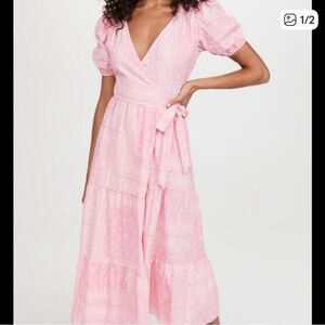 Never Fully Dressed Pink Bandana Puff Sleeve Midi Wrap Dress | 4